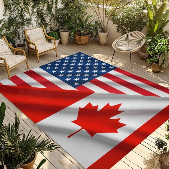 Red Blue American Flag Outdoor Rug for Patio/Deck/Porch, Non-Slip Large Area Rug 3 x 5 Ft, Modern Maple Leaf Indoor Outdoor Rugs Washable Area Rugs, Reversible Camping Rug Carpet Runner
