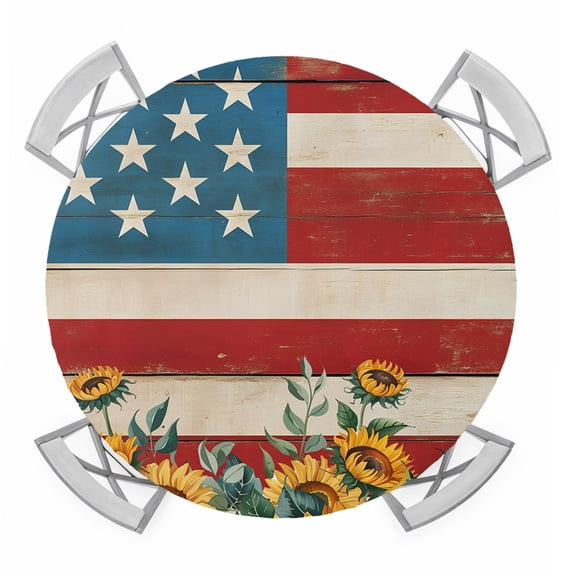 Red Blue American Flag Round Tablecloth for 55-60 Inch Tables, Fitted Table Cover with Elastic Edge, Sunflower US Flag Vintage Waterproof Outdoor Table Cloth Protector for Patio Garden Dinner Picnic