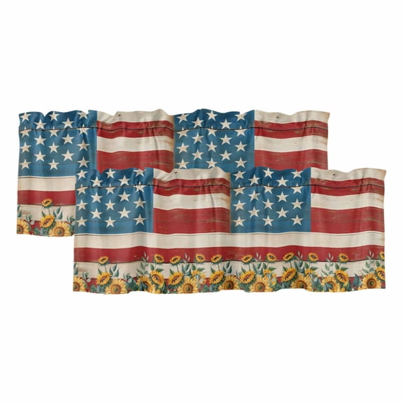 Red Blue American Flag Valances for Windows, Decorative Rod Pocket Window Valance Curtains, Sunflower US Flag Vintage Short Curtain Drapes for Kitchen/Bathroom/Living Room, 2 Panels, 42" W x 12" L
