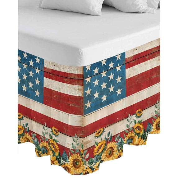 Red Blue American Flag Wrap Around Bed Skirts for Queen Bed 16" Drop, Bed Skirt with Adjustable Elastic Belt Dust Ruffle Bed Valance for Bedroom Hotel Luxury Sunflower US Flag Vintage Bed Frame Cover