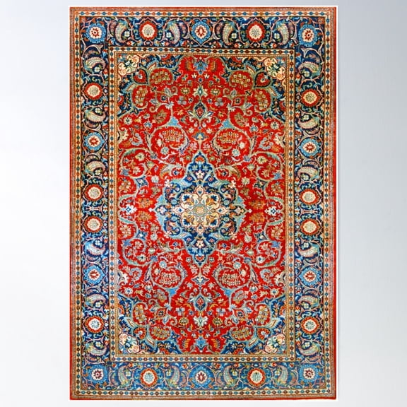 Red Blue Antique Floral Persian Carpet Print Poster Wall Art, Modern Wall Decor For Living Room Bedroom, 12x18 UNFRAMED
