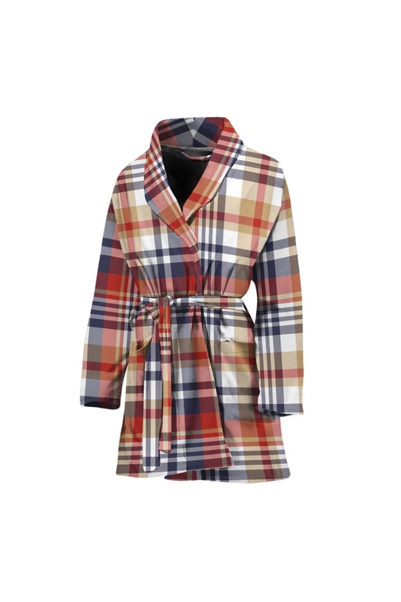 Red Blue And Beige Madras Plaid Women Bathrobe One Size Univeral Fits, Checkered Caro Plaid Tartan Fashion Lightweight Plush Fleece Long Robe For Women