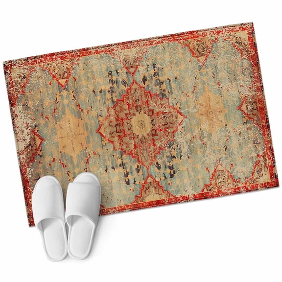 Red Blue Boho Bathroom Mat 2x3 FT, Non Slip Small Kitchen Mat, Ehtnic Abstract Art Modern Geometric Washable Soft Backed Front Door Throw Rug Non-Shedding Indoor Outdoor Doormat for Entryway Sink
