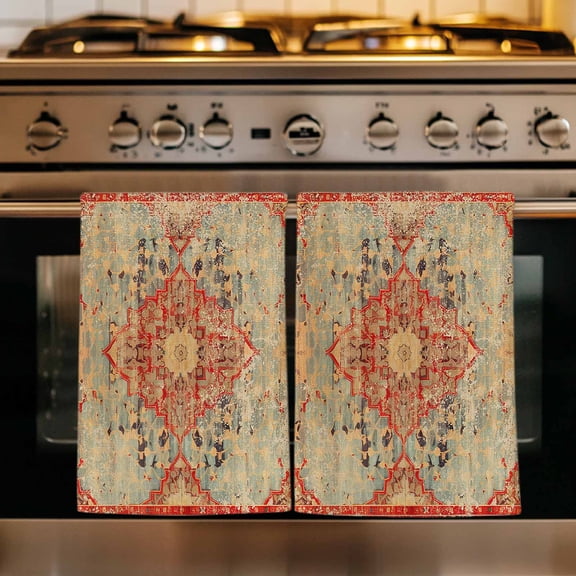 Red Blue Boho Kitchen Towels Set of 3, Ehtnic Abstract Art Modern Geometric Absorbent Dish Towels for Kitchen, Microfiber Hand Towel, Quick Drying Tea Towel for Cleaning Decorative Dishcloths