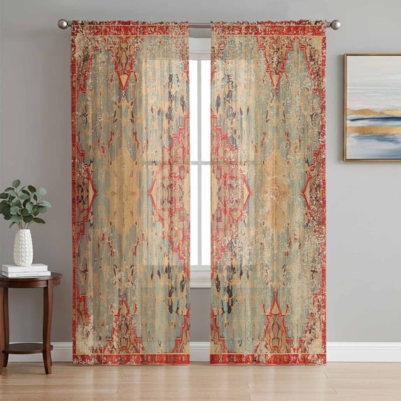 Red Blue Boho Semi Sheer Window Curtains 96 Inches Long, Ehtnic Abstract Art Modern Geometric Rod Pocket Voile Silky Chiffon Curtain Light Filtering Drapes for Living Room, Kitchen, 52"x96", 2 Panels