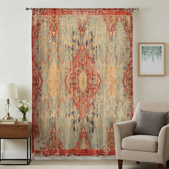 Red Blue Boho Sheer Curtains 54 Inches Long, Ehtnic Abstract Art Modern Geometric Light Filering Curtains, Breathable Simi Curtain Privacy Drapes for Kitchen Bathroom Nursery Small Window Treatment