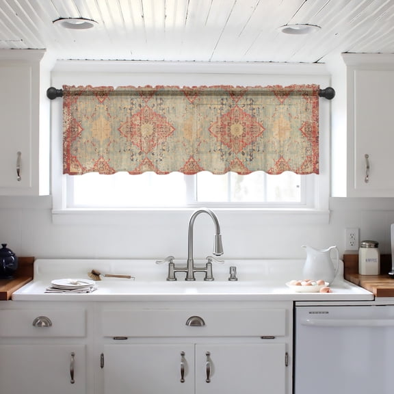 Red Blue Boho Valance Curtains for Kitchen/Living Room/Bathroom/Bedroom Window, Ehtnic Abstract Art Modern Geometric Rod Pocket Small Topper Half Short Window Curtains Voile Sheer Scarf 42"x18"