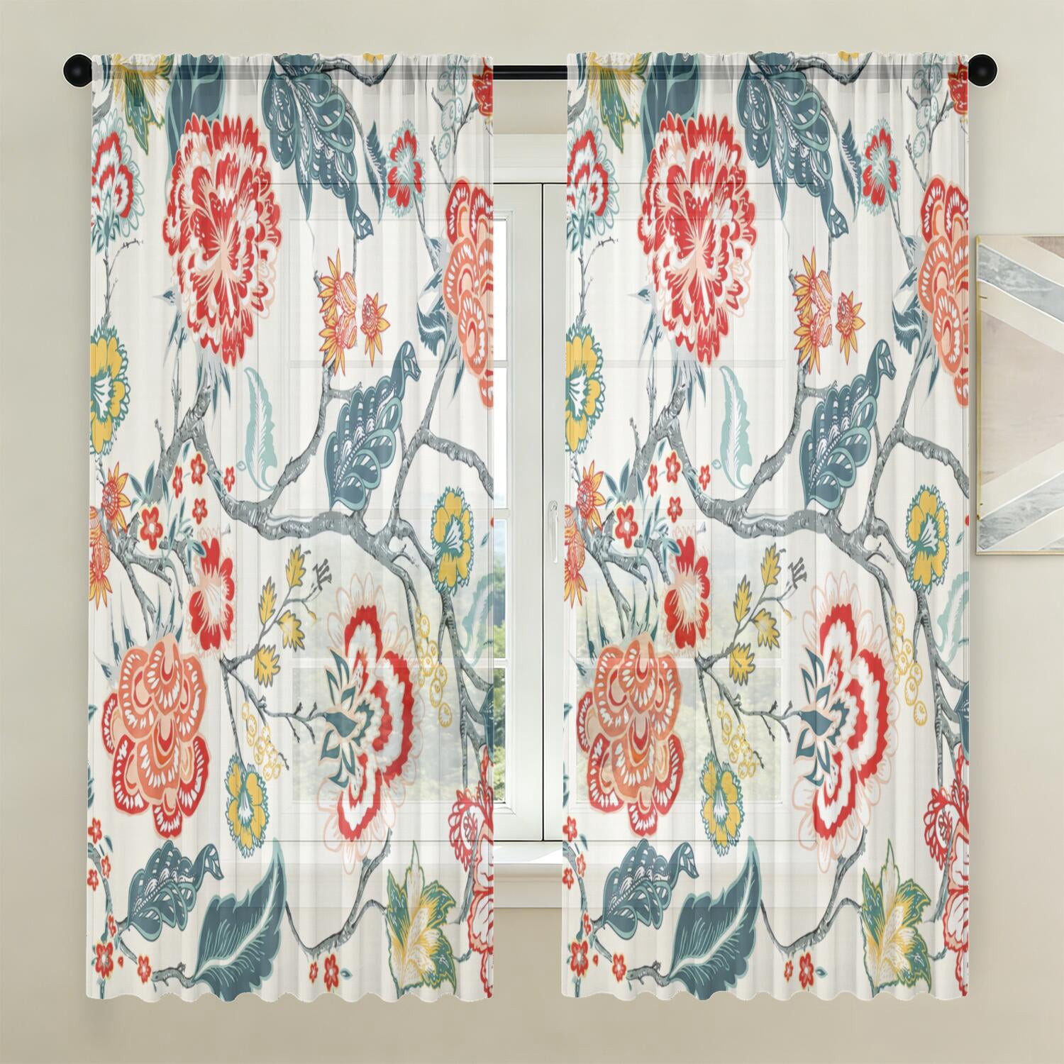 Reg Pock Red & Blue Botanical Print Curtains, Rod Pocket, Bedroom, 52 x 63 in ...