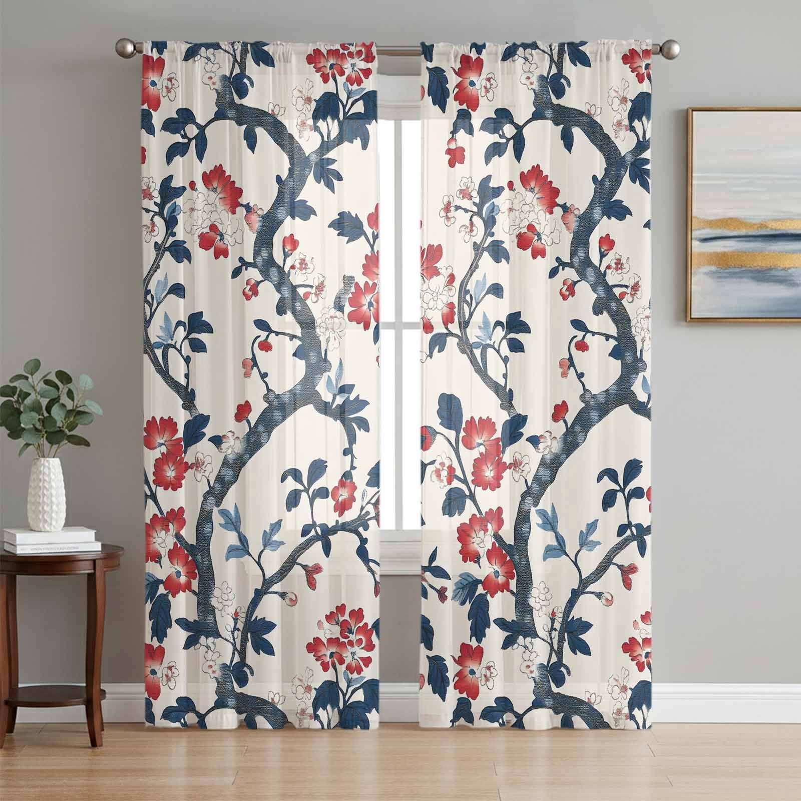 Red Blue Botanical Sheer Curtains 63 Inch Length 2 Panels Set, Summer