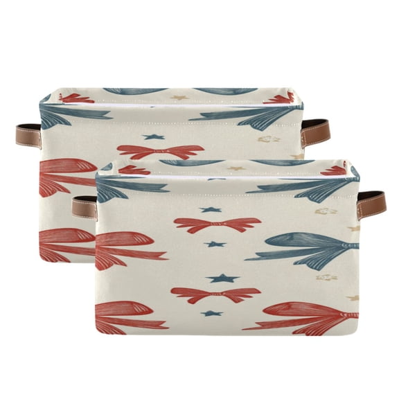 Red Blue Bowknots Stars Vintage Square Storage Bins with Handles Collapsible Containing Box 2 Packs