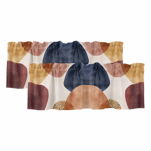 Red Blue Brown Curtain Valances for Windows, Kitchen Valance Window Treatments Panel 2 Pack, Middle Century Art Abstract Modern Rod Pocket Short Curtains for Bathroom Bedroom 42 x 12 Inch
