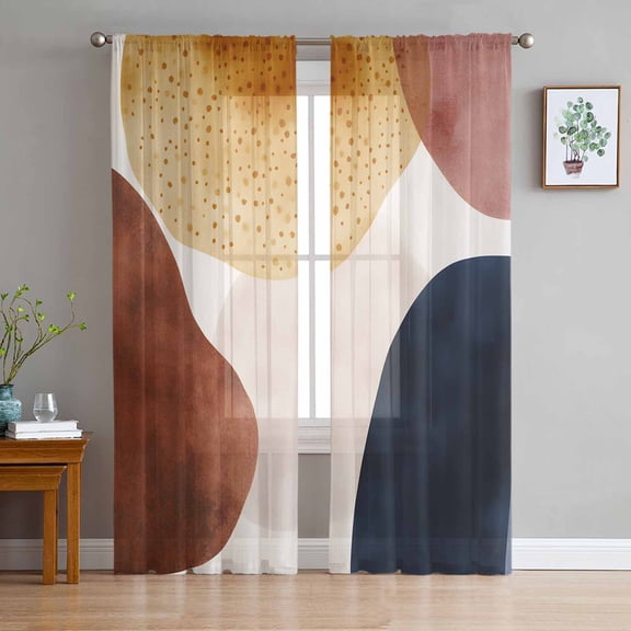 Red Blue Brown Sheer Curtains 63 Inch Length 2 Panels Set for Living Room/Bedroom, Abstract Contemporary Middle Century Semi Curtain Sheers Drapes Rod Pocket Curtains Window Treatment Set 52''x63''x2