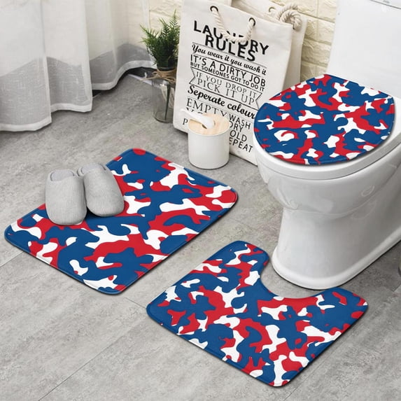 Red Blue Camo Bold Shapes Pattern Bathroom Rugs Sets 3 Piece,Toilet Cover Set,Absorbent Non Slip Bathroom Mats Sets with U-Shaped Contour Rug Toilet Rug Set