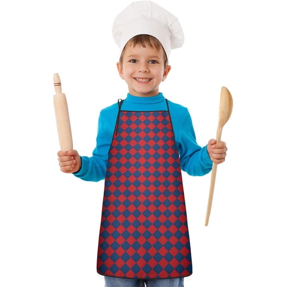 Red Blue Checkered Pattern Kids Aprons for Girls and Boys,Adjustable Neck Strap Toddler Aprons for Kids Cooking Baking