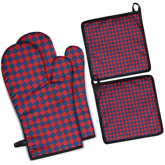 Red Blue Checkered Pattern Kitchen Oven Mitt and Pot Holder Sets 4 Pcs for Baking, Cooking and Grilling, Heat Resistant Up To 392 °F