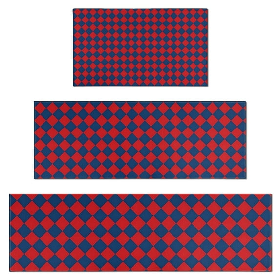 Red Blue Checkered Pattern Kitchen Rugs Sets Of 3,Kitchen Runner Rugs Non Skid Washable,Decorative Kitchen Floor Mats for Kitchen,Sink,Laundry,17"x30"+ 17"x47" + 17"x59"