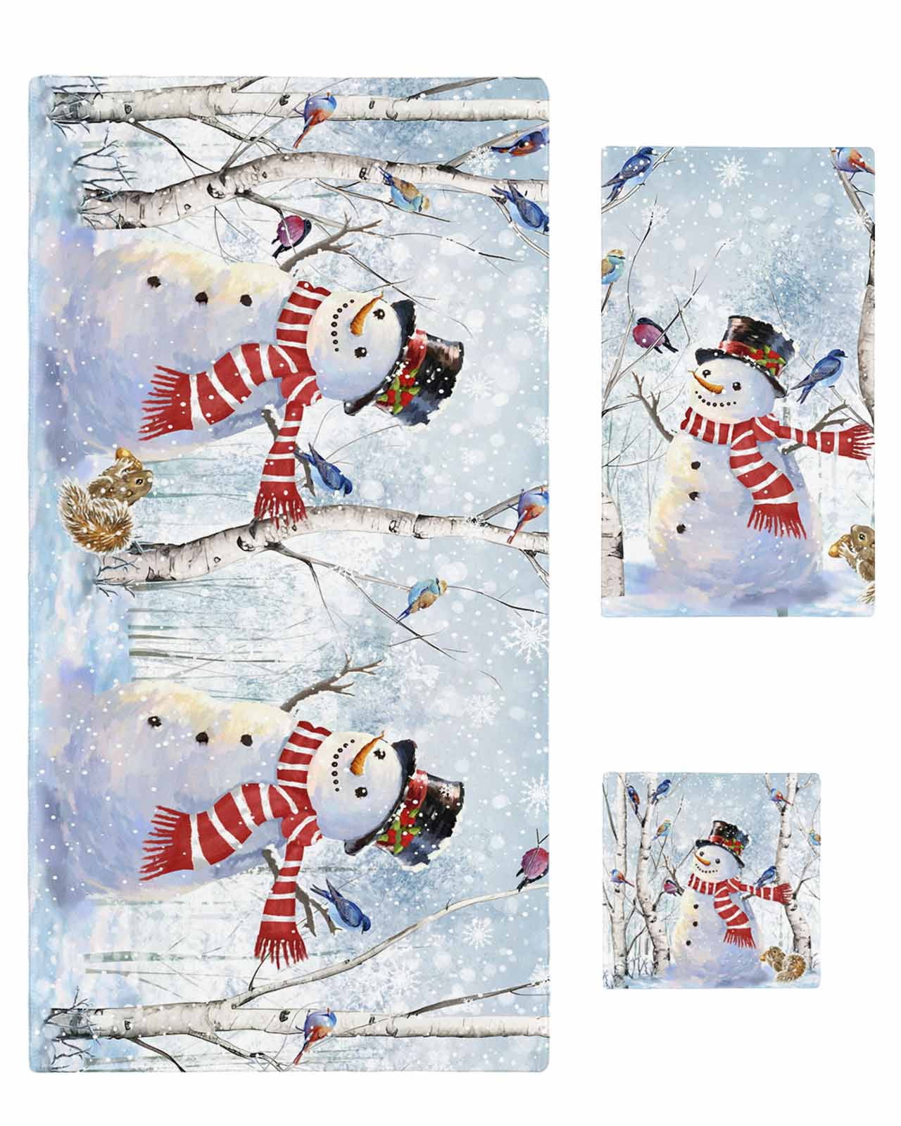 Red Blue Christmas Bath Towels for Bathroom Set,Luxury Microfiber Towels Gifts for Women,Quick Dry Beach Hand Hair Face Towel and Dish Washcloth,Snowman Xmas Snowflake Winter Birds Towels+Set