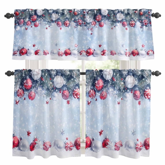 Red Blue Christmas Kitchen Curtains Sets for Windows 24 Inch Length, Xmas Balls Snowflake Botanical Rod Pocket Window Treatments Tier Curtains and Valances Set for Bedroom/Bathroom