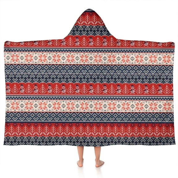 Red and Blue Christmas Knitted Pattern Hooded Bath Towel，50"x30" for Ages 3 To 12 Kids, Quick Dry Lightweight Soft Microfiber Hood Beach Towel Cover Up for Kids
