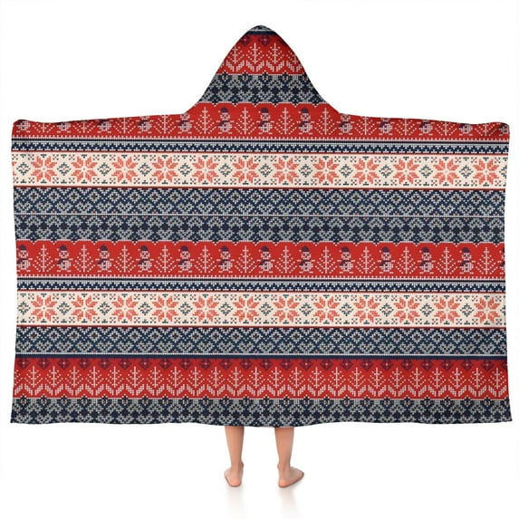 Red and Blue Christmas Knitted Pattern Hooded Bath Towel,50"x30" for Ages 3 To 12 Kids, Quick Dry Lightweight Soft Microfiber Hood Beach Towel Cover Up for Kids