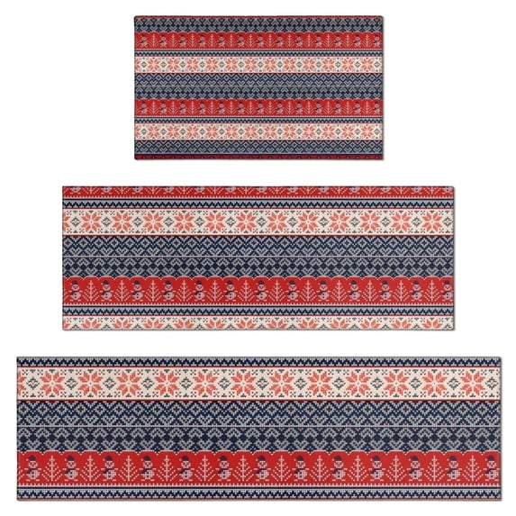 Red and Blue Christmas Knitted Pattern Kitchen Rugs Sets Of 3,Kitchen Runner Rugs Non Skid Washable,Decorative Kitchen Floor Mats for Kitchen,Sink,Laundry,17"x30"+ 17"x47" + 17"x59"