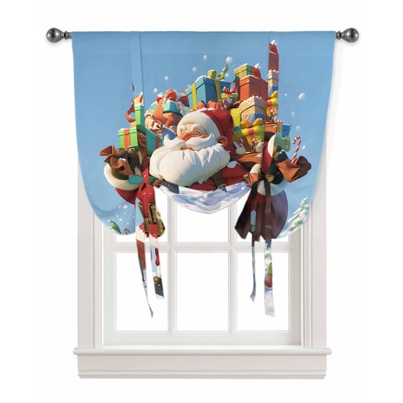 Red Blue Christmas Santa Tie Up Curtains for Window, Xmas Tree Snowflake Thermal Insulted Balloon Shade Adjustable Rod Pocket Curtains Valance Panels for Kitchen Bathroom Café 52 x 45