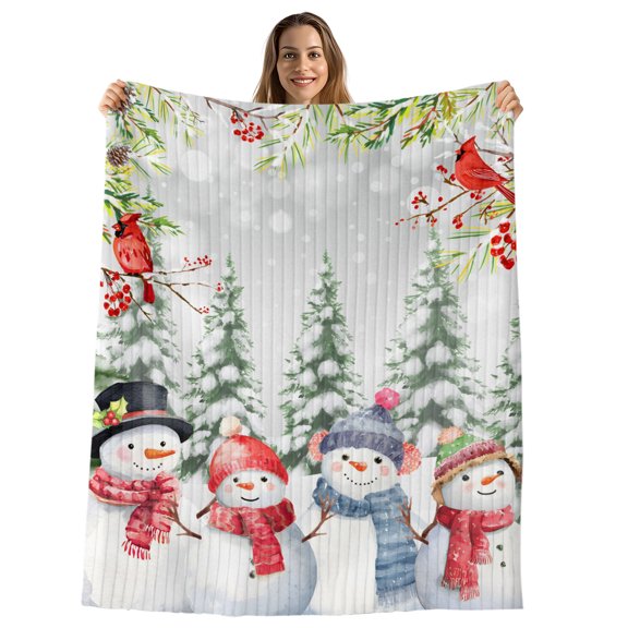 Red Blue Christmas Snowman Throw Blanket, Flannel Fleece Blanket with Striped Design for Couch, Green Xmas Tree Winter Cardinal Soft Breathable All Season Plush Blankets for Sofa Office Chair 30"x40"