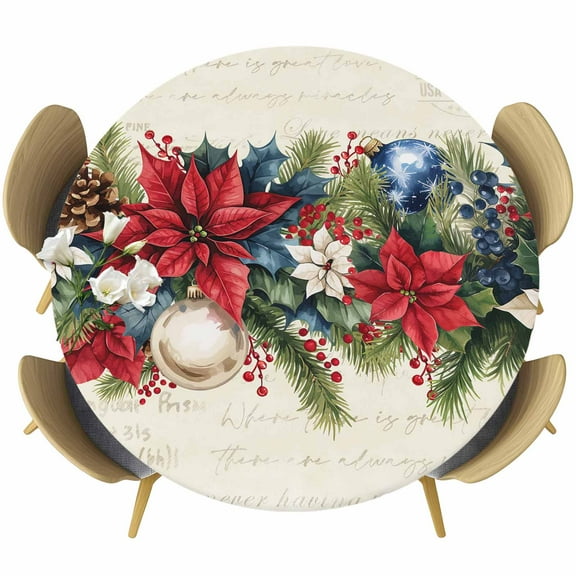 Red Blue Christmas Table Cloth, Round Fitted Tablecloths with Elastic Edge, Xmas Botanical Poinsettia Balls Wipeable Waterproof Table Cover for Kitchen Wedding 55-60 Inches