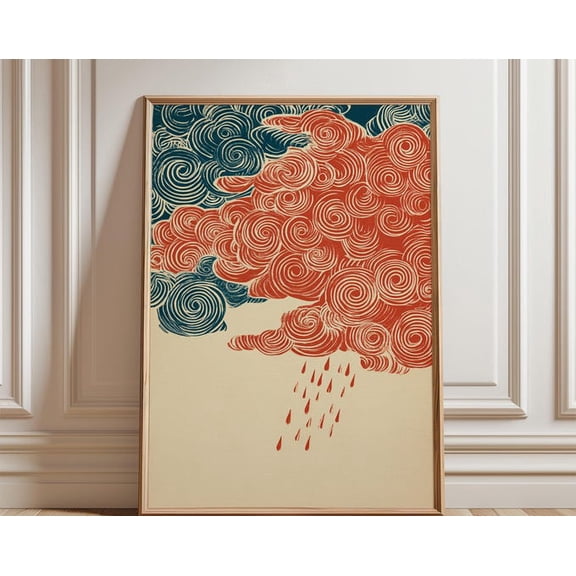 Red Blue Cloud Abstract Swirl Rain Illustration Graphic Sky Wall Art, Unframed Paper Poster 24x36in