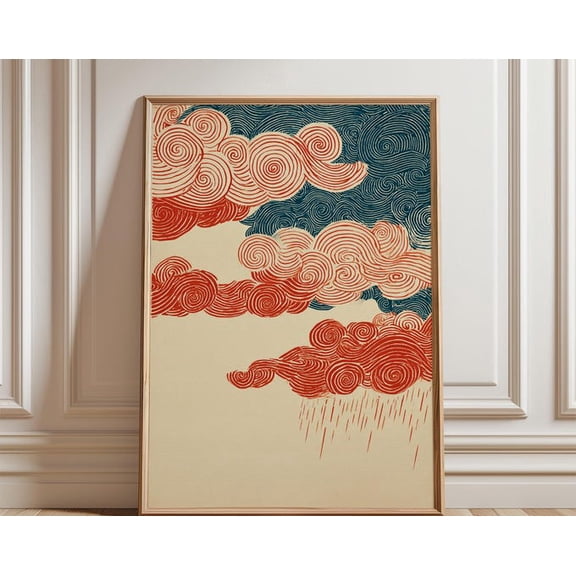 Red Blue Cloud Abstract Swirl Sky Illustration Graphic Pattern Wall Art, Unframed Paper Poster 24x36in