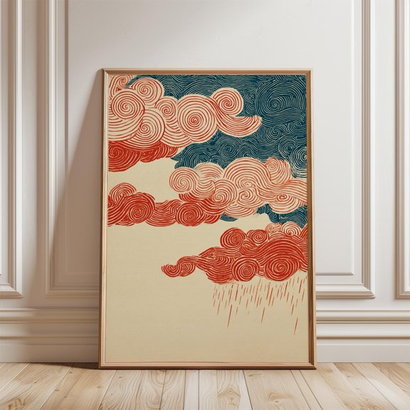 Red Blue Cloud Poster, Abstract Swirl Sky, Graphic Pattern Wall Art, Poster Only