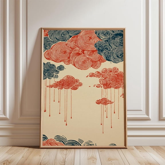 Red Blue Cloud Poster, Abstract Swirl Sky Wall Art