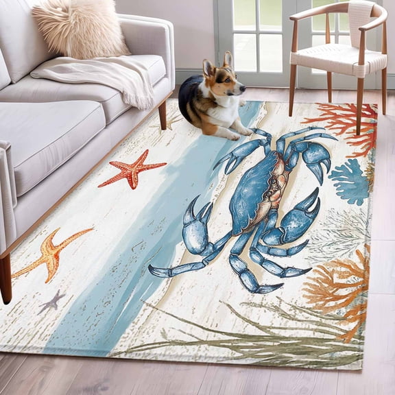 Red Blue Coastal Area Rug 3x5 Washable Rug Non Slip Summer Beach Starfish Coral Large Area Rug Indoor Floor Carpet for Entryway Bedroom Kitchen Living Room Home Office Dining Room Nursery