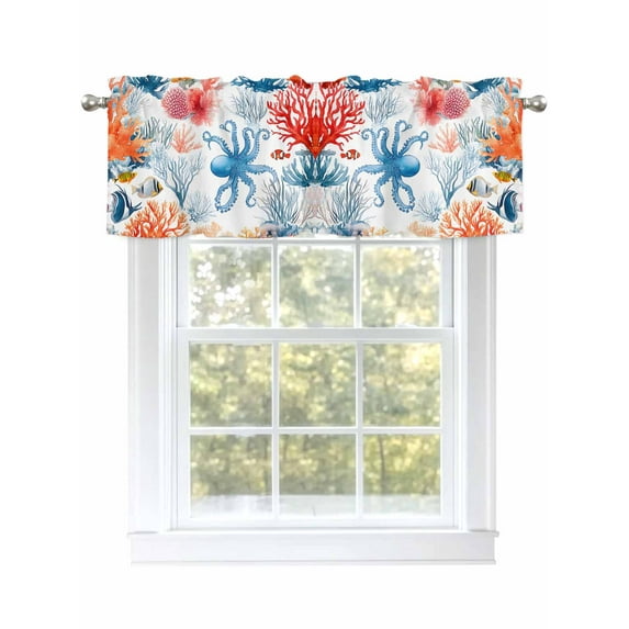 Red Blue Coastal Curtain Valances for Windows, Octopus Coral Summer Beach Ocean Kitchen Valance Window Treatment, Light Filtering Block Curtains for Bathroom/Bedroom/Living Room 42'' x 12''