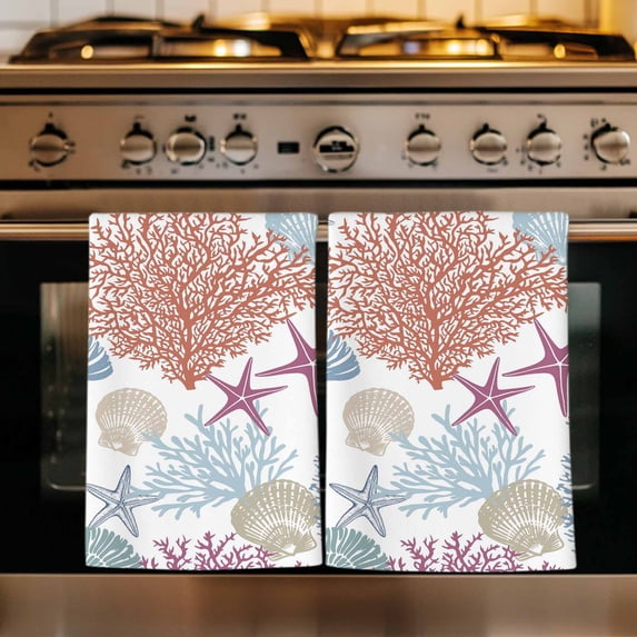 Red Blue Coastal Kitchen Towels Set of 4, Coral Conch Starfish Nautical Ocean Absorbent Dish Towels for Kitchen, Microfiber Hand Towel, Quick Drying Tea Towel for Cleaning Decorative Dishcloths