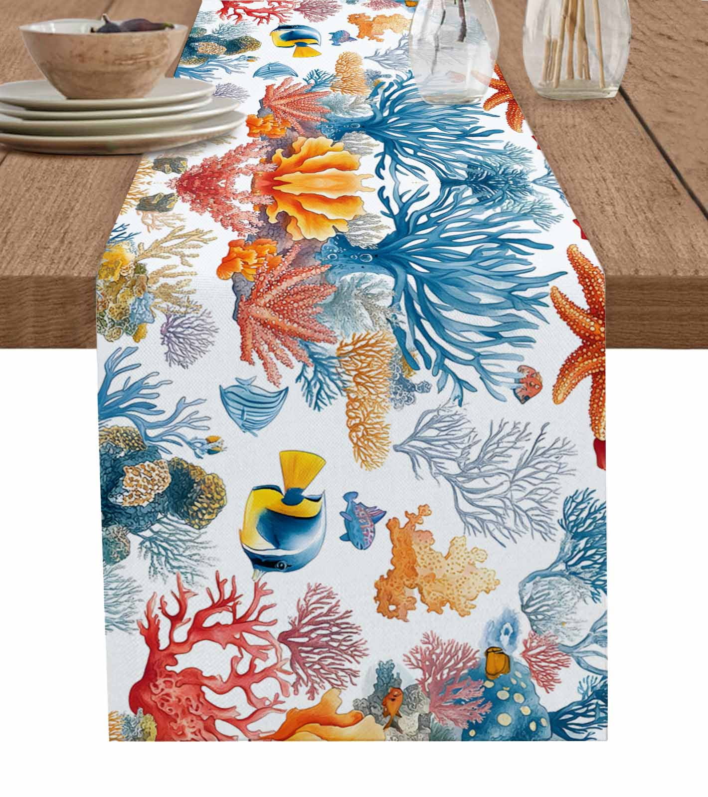 Red Blue Coastal Table Runner 108 Inches, Coral Fish Summer Beach Ocean ...