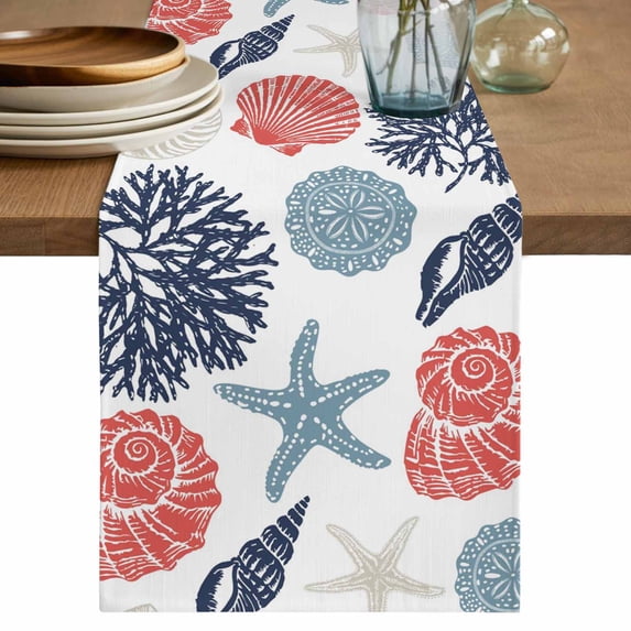 Red Blue Coastal Table Runner 70 Inches, Starfish Shell Coral Summer Beach Ocean Bed Runner Dresser Scarves Tabletop for Indoor Outdoor Parties/Ceremony/Banquet, 13" x 70"