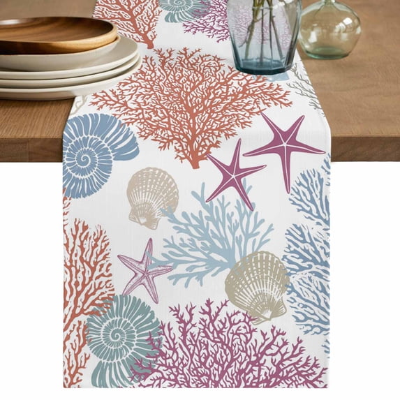 Red Blue Coastal Table Runner 72 Inches, Coral Conch Starfish Nautical Ocean Bed Runner Dresser Scarves Tabletop for Indoor Outdoor Parties/Ceremony/Banquet, 14" x 72"