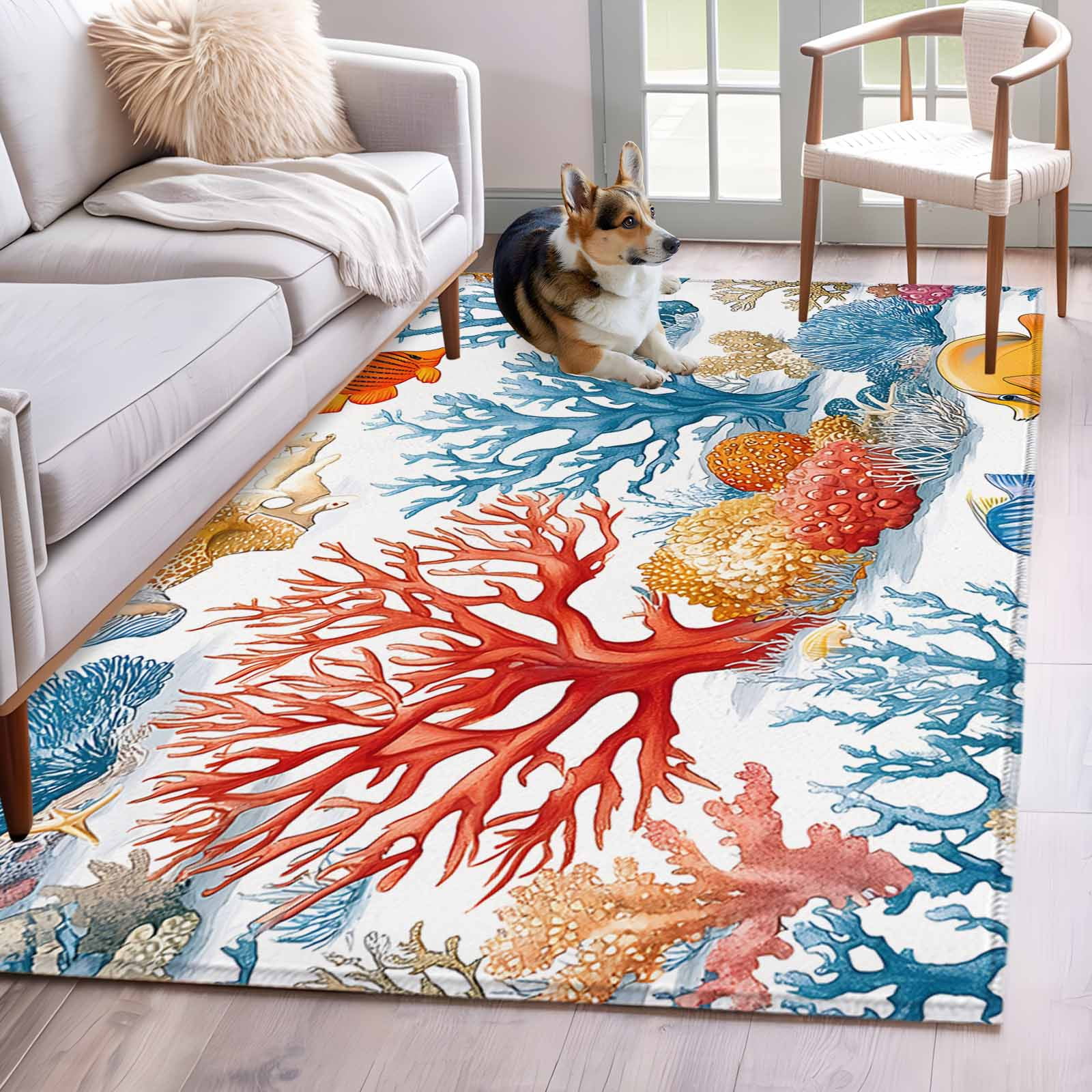 Red Blue Coral Coastal Area Rug 4x6 Washable Rug Non Slip Nautical ...