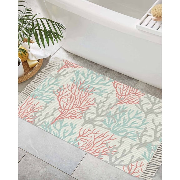 Red Blue Coral Coastal Bath Rug 2x3ft Woven Bathroom Entryway Runner Rug,Summer Beach Seaside Nautical Washable Living Room Hallway Bedroom Kitchen Carpet with Tassels,Indoor Outdoor Throw Doormat