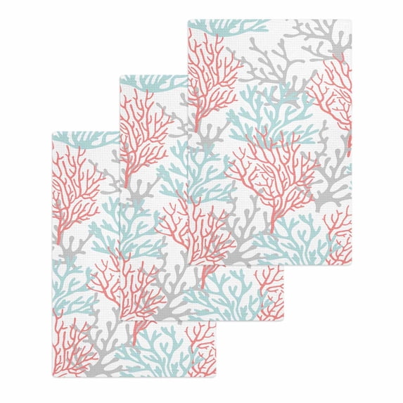 Red Blue Coral Coastal Hand Towels Set,Waffle Weave Kitchen Towels 3 Pieces,Microfiber Hair Face Bath Tea Towel Absorbent Quick Drying Cleaning Dish Cloths,Summer Beach Seaside Nautical 15.7"x23.6"