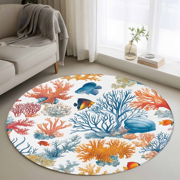 Red Blue Coral Coastal Round Rug 3ft Washable Circle Entryway Rugs Non Slip Nautical Summer Beach Shell Area Rug Indoor Floor Carpet for Bedroom Kitchen Living Room Home Office Dining Room Nursery