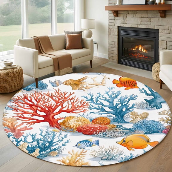 Red Blue Coral Coastal Round Rug 5ft Washable Circle Kitchen Rugs Non Slip Nautical Summer Beach Ocean Large Area Rug Indoor Floor Carpet for Bedroom Living Room Home Office Dining Room Nursery