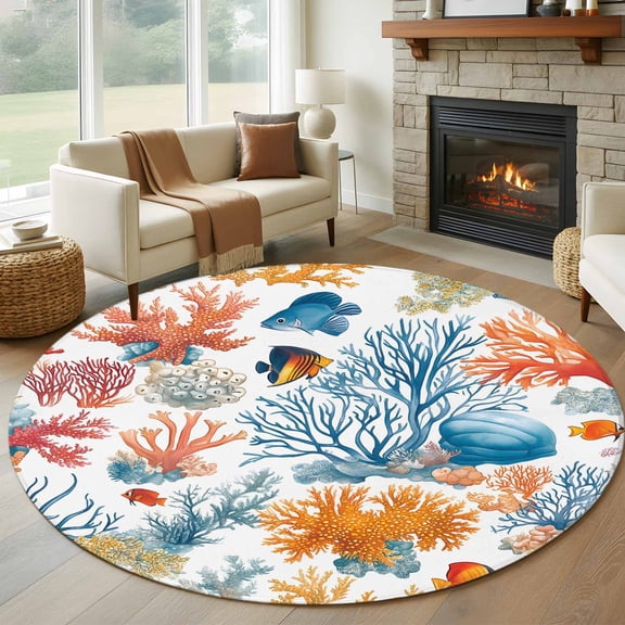 Red Blue Coral Coastal Round Rug 5ft Washable Circle Kitchen Rugs Non Slip Nautical Summer Beach Shell Large Area Rug Indoor Floor Carpet for Bedroom Living Room Home Office Dining Room Nursery