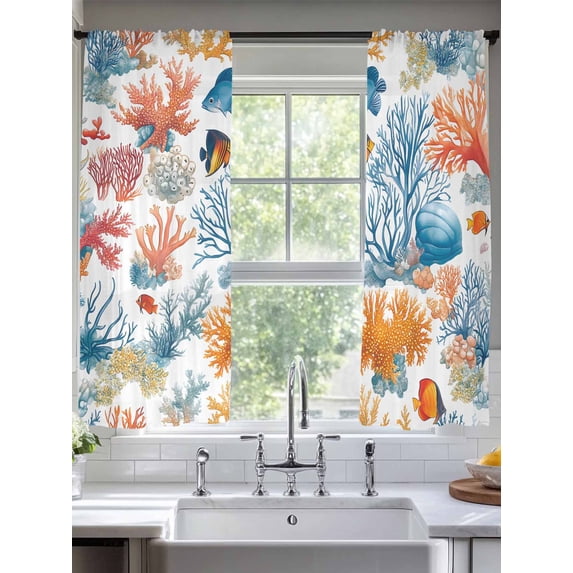 Red Blue Coral Coastal Sheer Curtains for Living Room Bedroom Nautical Summer Beach Shell Sheer Curtains 72 Inch Long 2 Panels Set Light Filtering Curtain Window Treatments Drapes for Dining Room
