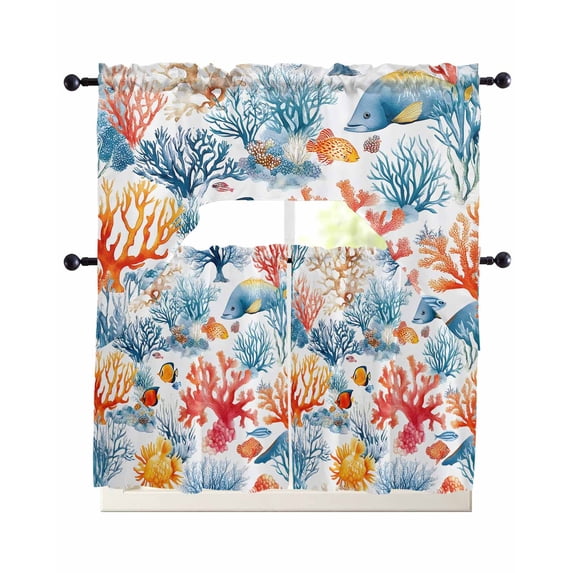 Red Blue Coral Coastal Swag Curtains for Living Room/Bedroom Windows, Nautical Summer Beach Fish Kitchen Curtains and Valances Set 36 Inch Length, Light Filtering Swags Valance Curtain Panels
