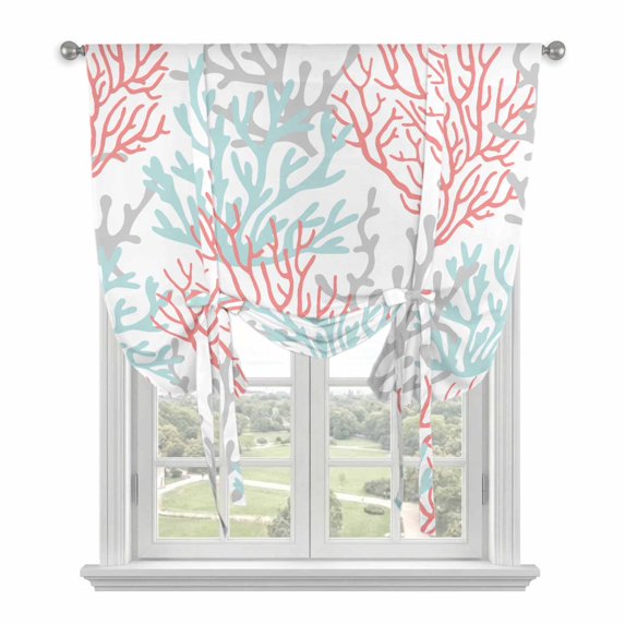 Red Blue Coral Coastal Tie Up Curtains for Kitchen Windows,Adjustable Rod Pocket Valance 54 Inch Long, Summer Beach Seaside Nautical Window Treatment Balloon Roman Blind Shade, 42" x 54"