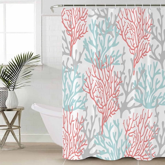 Red Blue Coral Coastal Waterproof Fabric Shower Curtain, Summer Beach Seaside Nautical Shower Curtain for Bathroom Curtains Bathtubs Hotel Washable Shower Curtains with 12 Hooks Standard 60x72