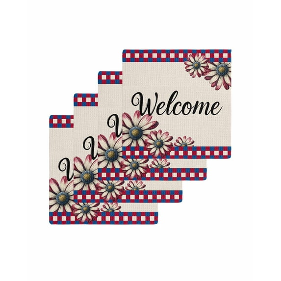 Red Blue Daisy Kitchen Dish Towels for Drying Dishes Set of 4, 4th of July Welcome Plaid Farmhouse Waffle Weave Microfiber Terry Hand Tea Bathroom Towels Quick Dry & Absorbent Towel 12x12