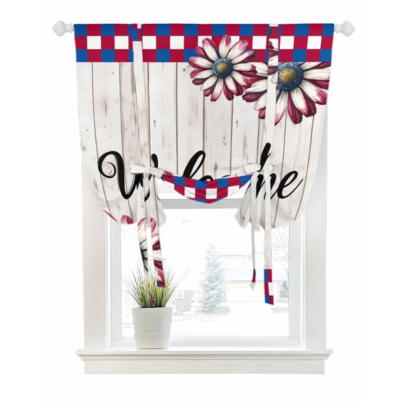 Red Blue Daisy Tie Up Curtains for Window, Thermal Insulated Balloon Shade Adjustable Rod Pocket Curtains Valance Panels for Kitchen Bathroom Cafe 34 x 45 Welcome Plaid Vintage 4th of July